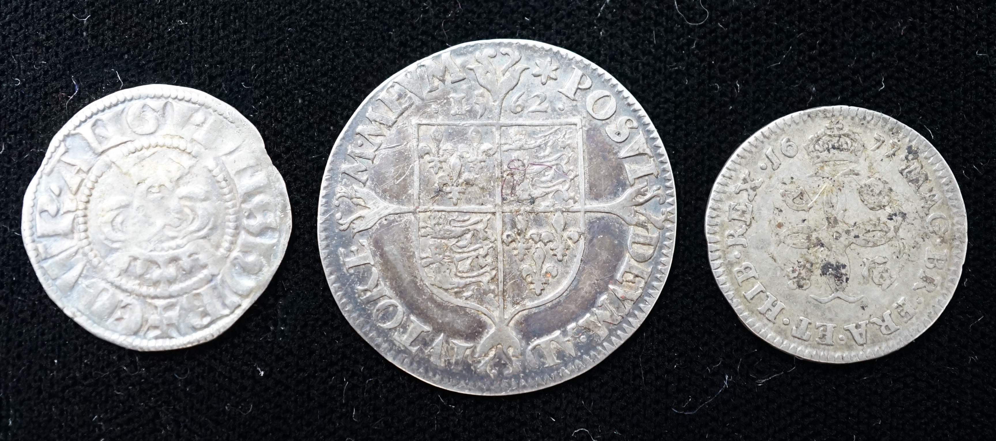 Elizabeth I milled shilling 1562 (S2594), GVF, an Edward II penny, and a Charles II 4d, VF